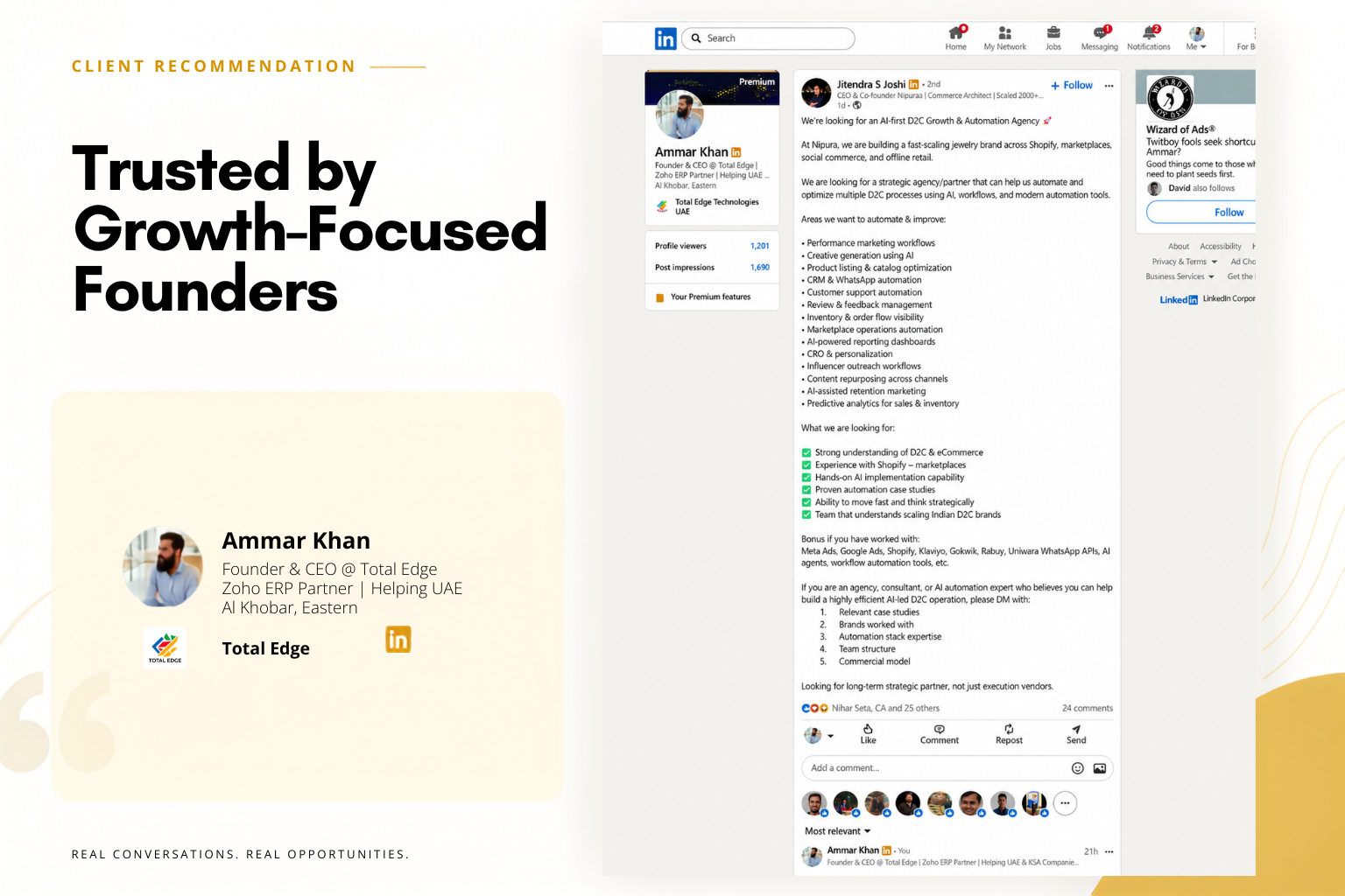 Ammar Khan LinkedIn recommendation of Brew and Buzz screenshot
